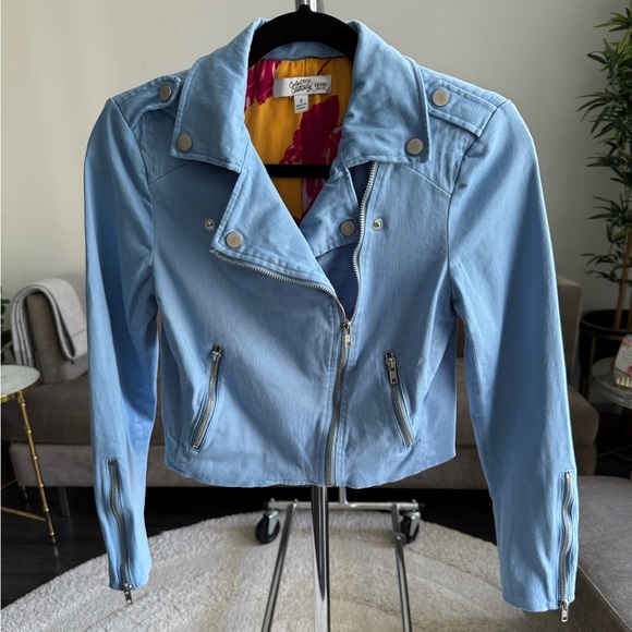 Color Me Courtney Dennis Blue Canvas Crop Biker Moto Jacket Size 2 - Picture 4 of 13